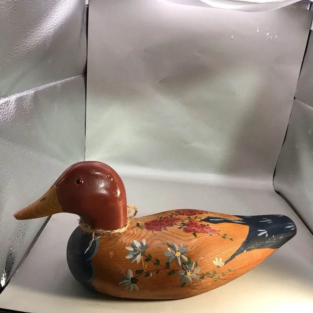 VTG Painted Wood Duck With Floral Accents And Glass Eyes By P. Davidson